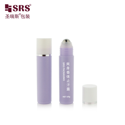 RPP-30ml الحقن الأرجواني اللامع المختصر المنتهي القبعة البيضاء مع طابع حلقة فضية كرة الفولاذ تدليك الشعر مصل زجاجة رول